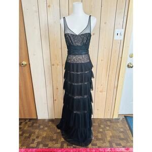 Vintage ABS Black Ruffle Sheer Lace Formal Cocktail Gown Dress 4 Tiered Y2K